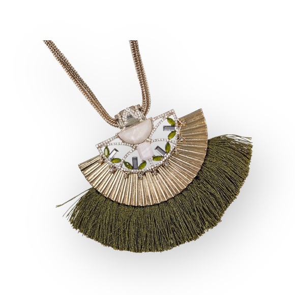 new Jenny Packham ❀ Chic Fringed Crystal Gemstones Necklace ❀ Gold + Olive Green - Picture 11 of 17